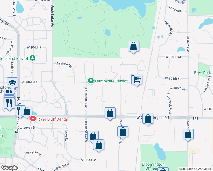 map of restaurants, bars, coffee shops, grocery stores, and more near 6701 West 106th Street in Bloomington