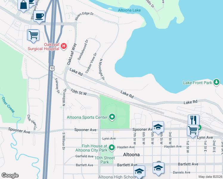 map of restaurants, bars, coffee shops, grocery stores, and more near 2226 Lake Road in Altoona