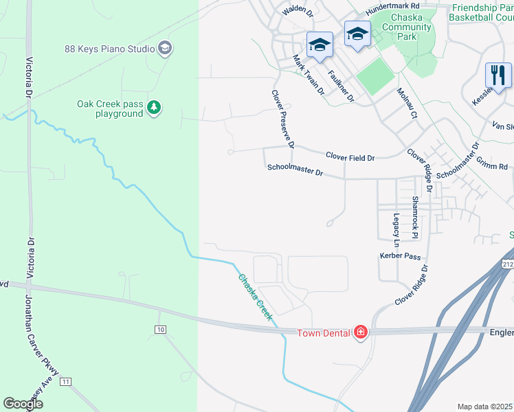 map of restaurants, bars, coffee shops, grocery stores, and more near 65 Virginia Way in Chaska