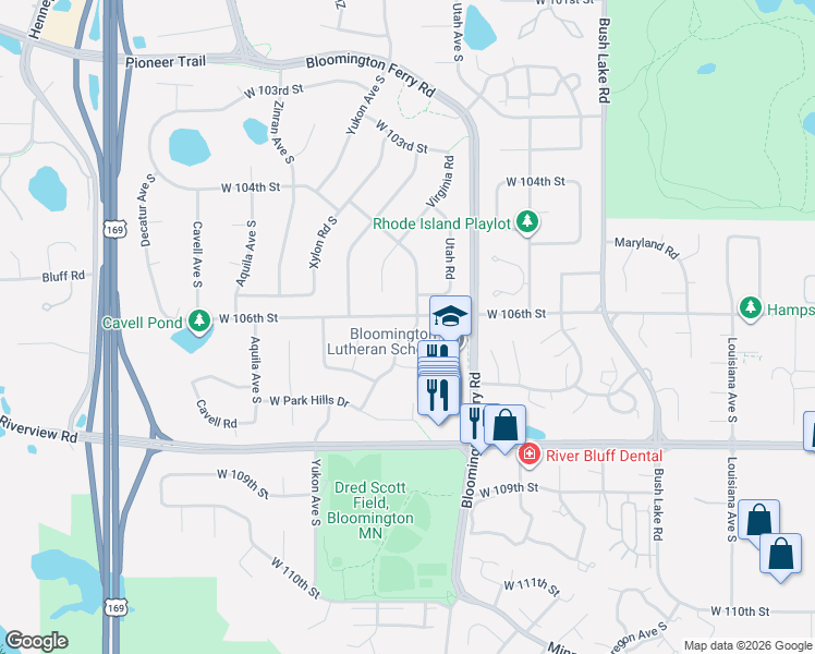 map of restaurants, bars, coffee shops, grocery stores, and more near 10600 Wyoming Road in Bloomington
