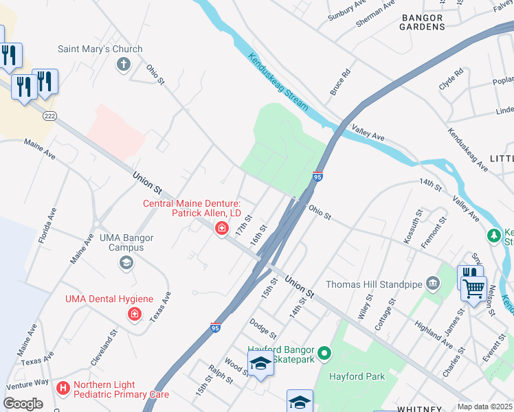 map of restaurants, bars, coffee shops, grocery stores, and more near 17th Street in Bangor