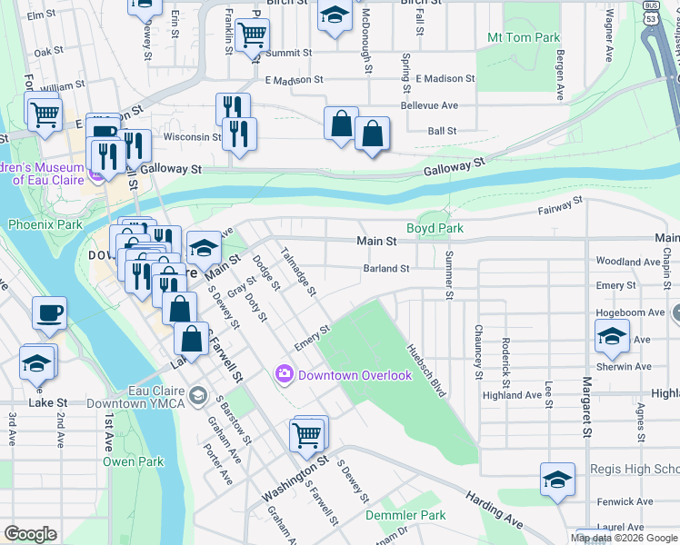 map of restaurants, bars, coffee shops, grocery stores, and more near 933 Barland Street in Eau Claire