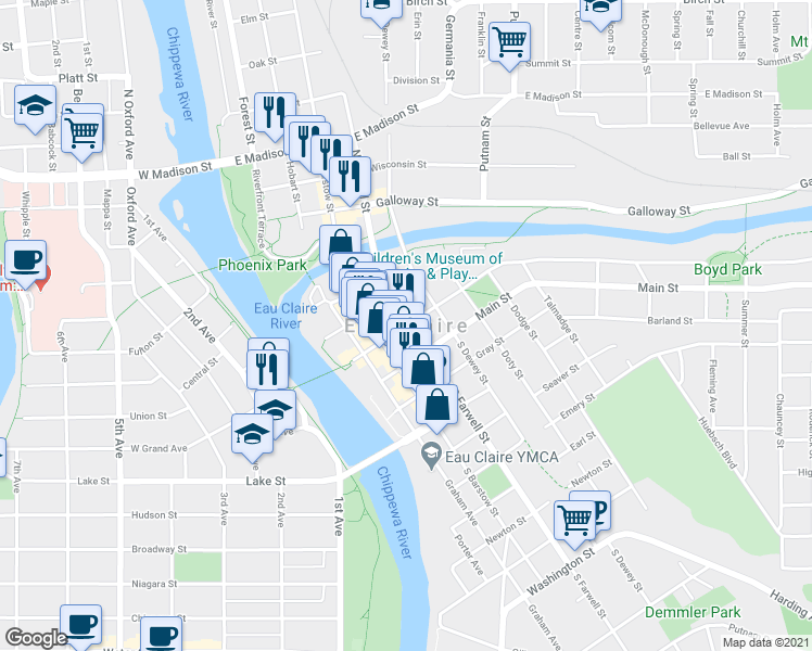 map of restaurants, bars, coffee shops, grocery stores, and more near 398 East Grand Avenue in Eau Claire