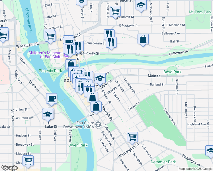 map of restaurants, bars, coffee shops, grocery stores, and more near 314 Doty Street in Eau Claire