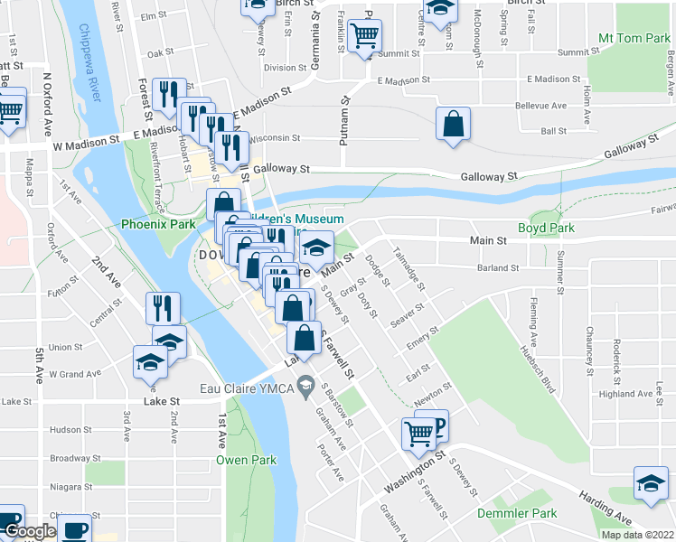 map of restaurants, bars, coffee shops, grocery stores, and more near 402 Doty Street in Eau Claire
