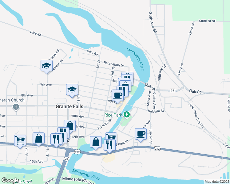 map of restaurants, bars, coffee shops, grocery stores, and more near 150 7th Avenue in Granite Falls