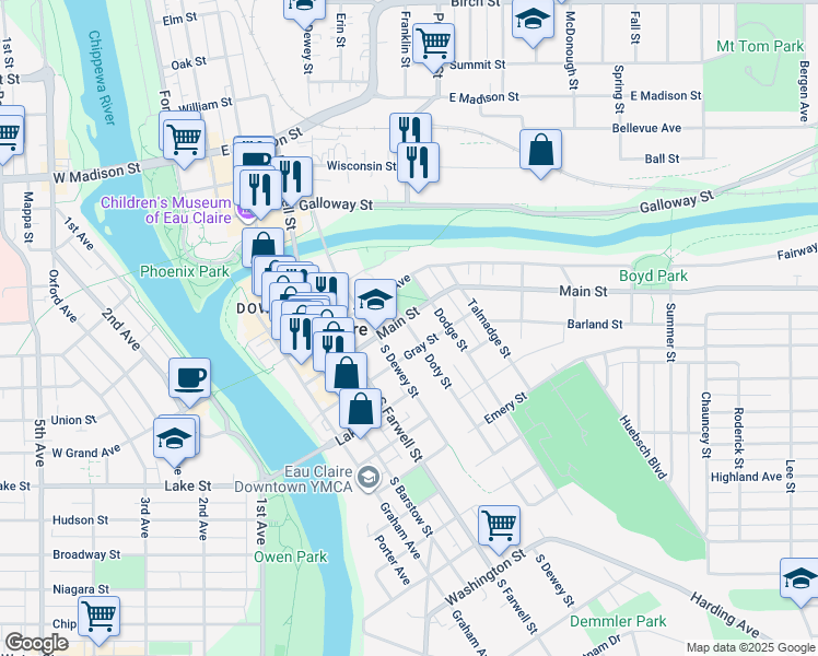 map of restaurants, bars, coffee shops, grocery stores, and more near 314 Doty Street in Eau Claire