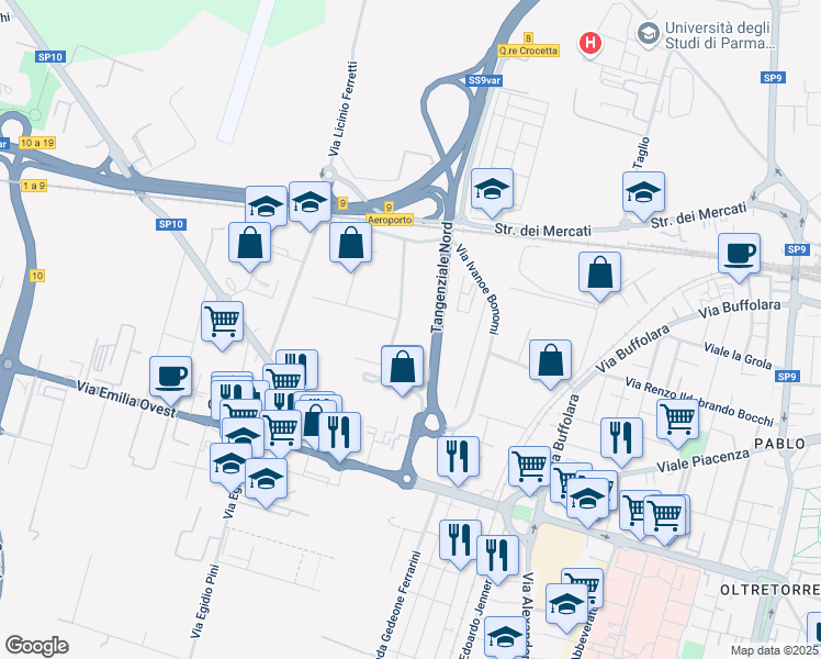 map of restaurants, bars, coffee shops, grocery stores, and more near 22 Via Giorgio Sonnino Sidney in Parma