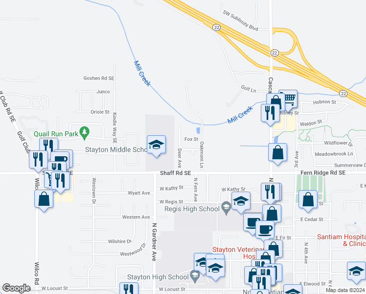 map of restaurants, bars, coffee shops, grocery stores, and more near 798 Rabbit Run Street in Stayton