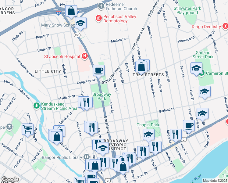 map of restaurants, bars, coffee shops, grocery stores, and more near 282 Essex Street in Bangor