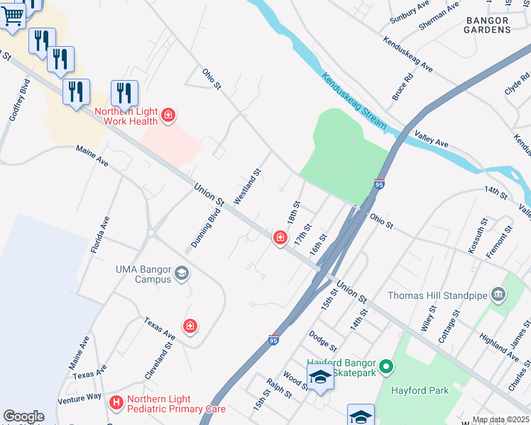 map of restaurants, bars, coffee shops, grocery stores, and more near 759 Union Street in Bangor