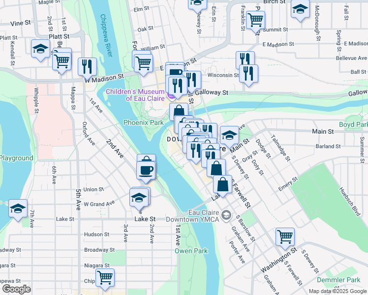 map of restaurants, bars, coffee shops, grocery stores, and more near in Eau Claire