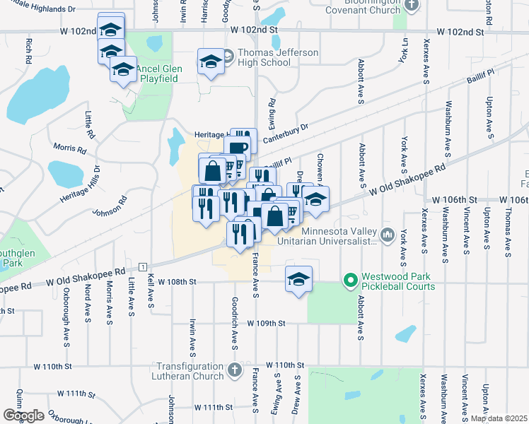 map of restaurants, bars, coffee shops, grocery stores, and more near 3806 West Old Shakopee Road in Bloomington