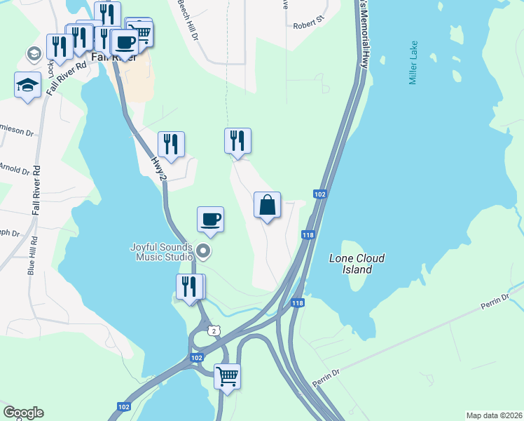 map of restaurants, bars, coffee shops, grocery stores, and more near 73 Fall River Road in Fall River