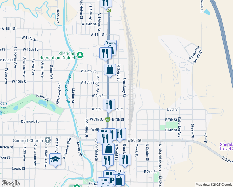 map of restaurants, bars, coffee shops, grocery stores, and more near 1216-1298 North Gould Street in Sheridan