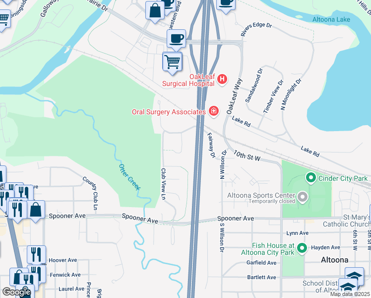 map of restaurants, bars, coffee shops, grocery stores, and more near 591 Blue Karner Drive in Altoona