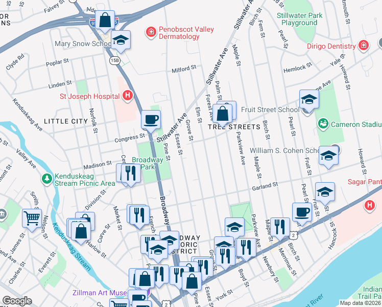 map of restaurants, bars, coffee shops, grocery stores, and more near 282 Essex Street in Bangor
