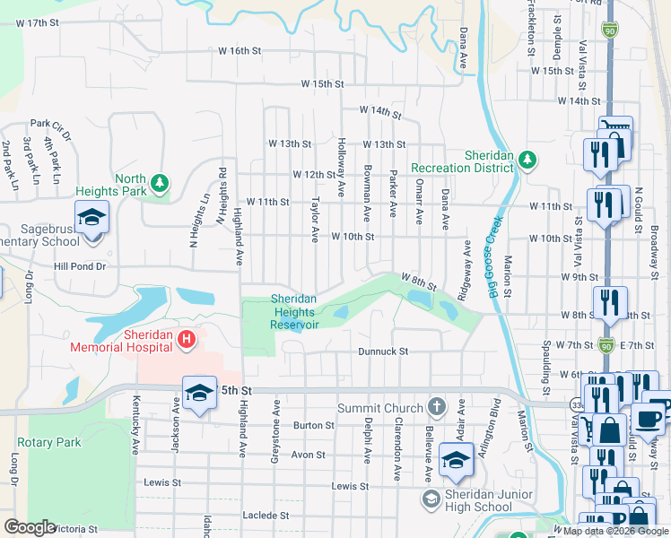 map of restaurants, bars, coffee shops, grocery stores, and more near 842 Park Drive in Sheridan