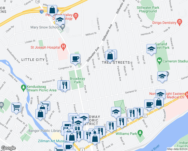 map of restaurants, bars, coffee shops, grocery stores, and more near 282 Essex Street in Bangor