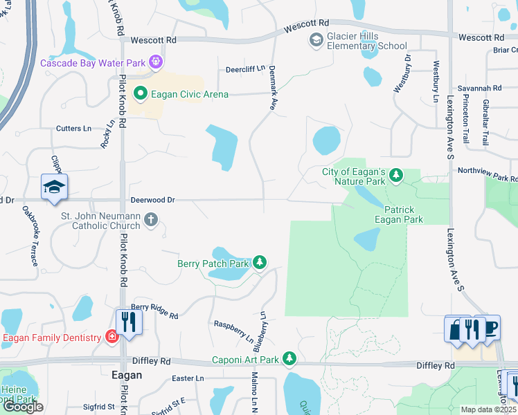 map of restaurants, bars, coffee shops, grocery stores, and more near 4025 Hosford Hills Road in Eagan