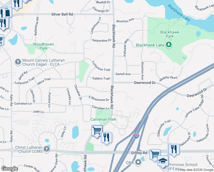 map of restaurants, bars, coffee shops, grocery stores, and more near 1775 Taconite Trail in Eagan