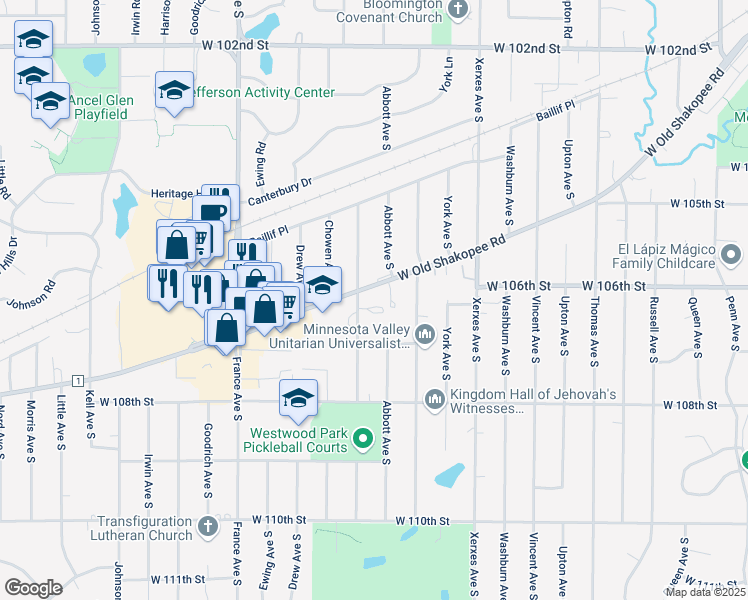 map of restaurants, bars, coffee shops, grocery stores, and more near 10619 Beard Avenue South in Bloomington