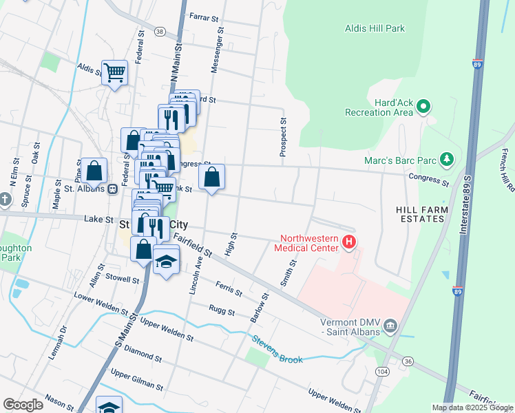 map of restaurants, bars, coffee shops, grocery stores, and more near 80 Bank Street in Saint Albans City