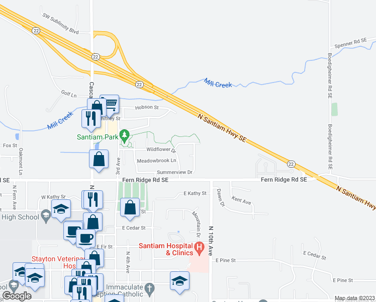 map of restaurants, bars, coffee shops, grocery stores, and more near 845 Lupine Court in Stayton