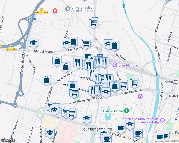 map of restaurants, bars, coffee shops, grocery stores, and more near 59 Viale la Grola in Parma