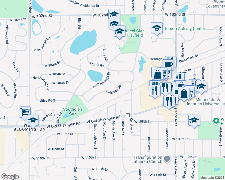 map of restaurants, bars, coffee shops, grocery stores, and more near 10553 Johnson Road in Minneapolis