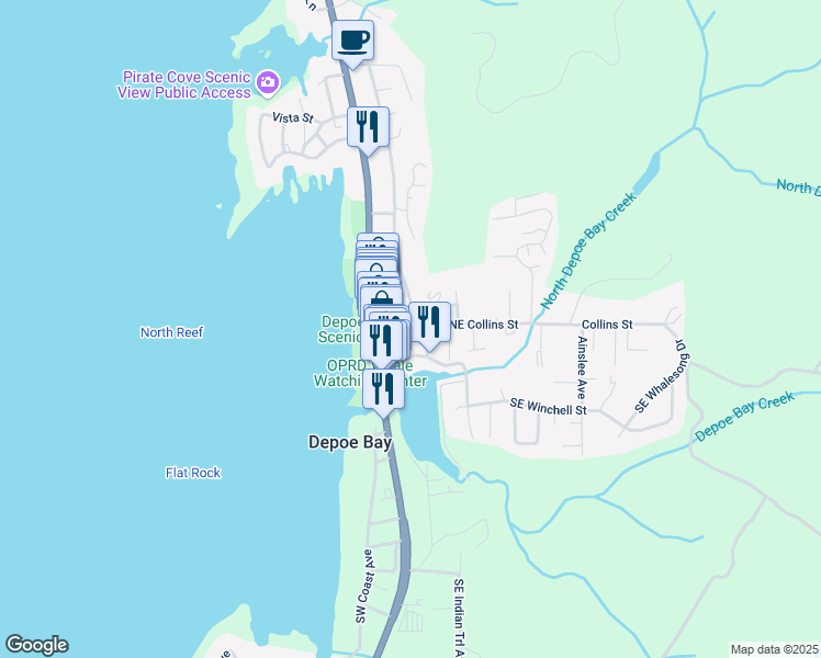map of restaurants, bars, coffee shops, grocery stores, and more near 75 Bay Street in Depoe Bay