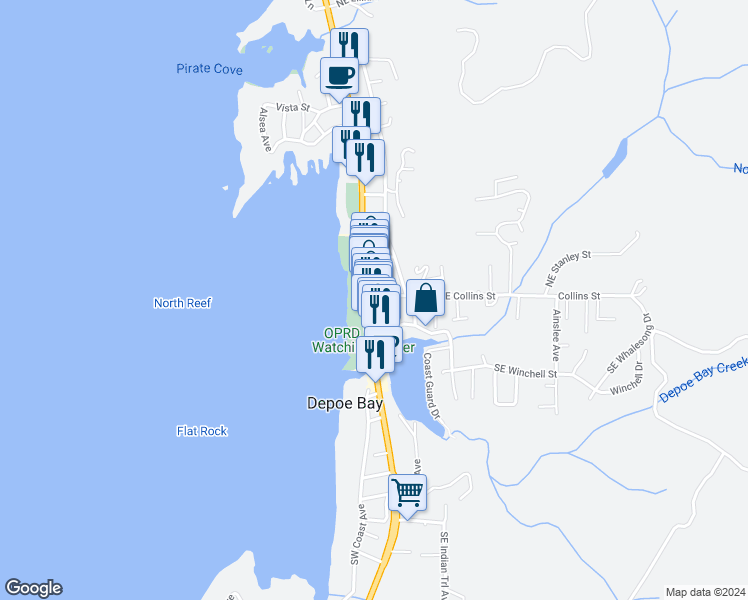 map of restaurants, bars, coffee shops, grocery stores, and more near 58 U.S. 101 in Depoe Bay