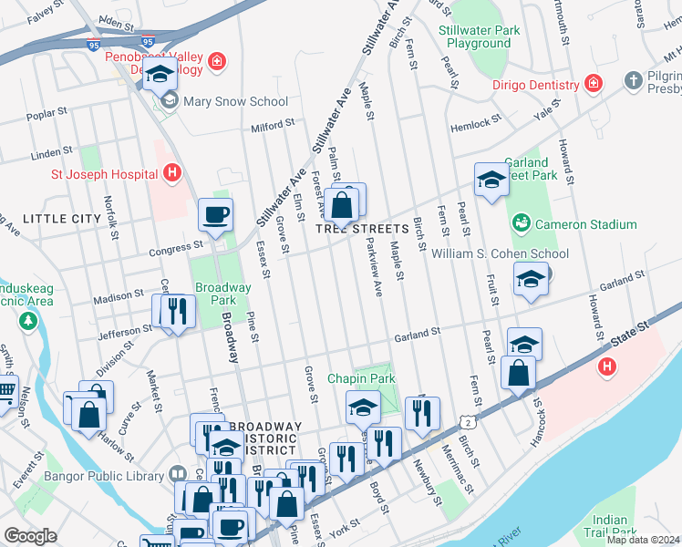 map of restaurants, bars, coffee shops, grocery stores, and more near 170 Forest Avenue in Bangor