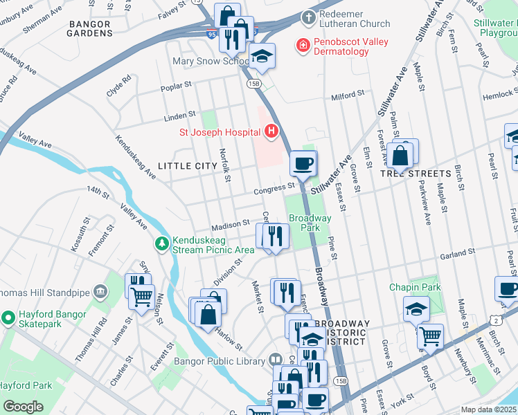 map of restaurants, bars, coffee shops, grocery stores, and more near 56 Madison Street in Bangor