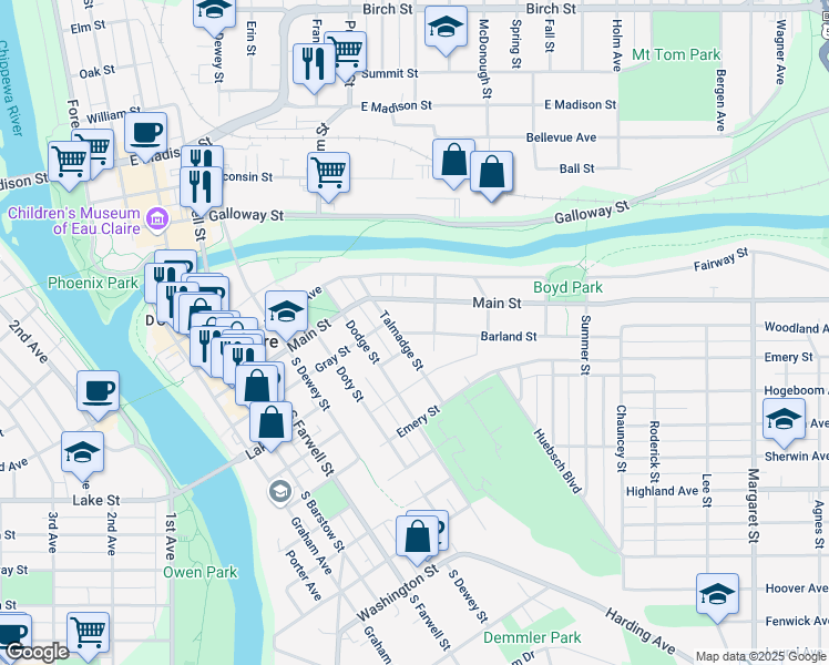 map of restaurants, bars, coffee shops, grocery stores, and more near 831 Barland Street in Eau Claire