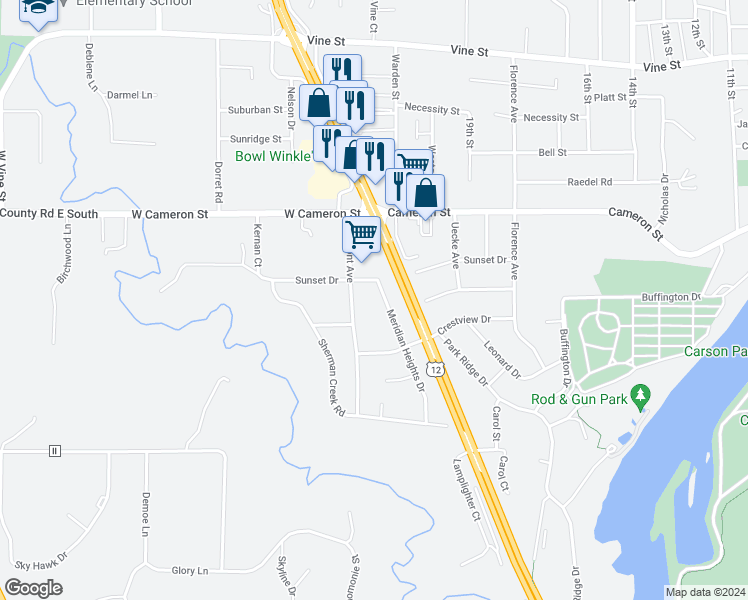 map of restaurants, bars, coffee shops, grocery stores, and more near 1130 Meridian Heights Drive in Eau Claire