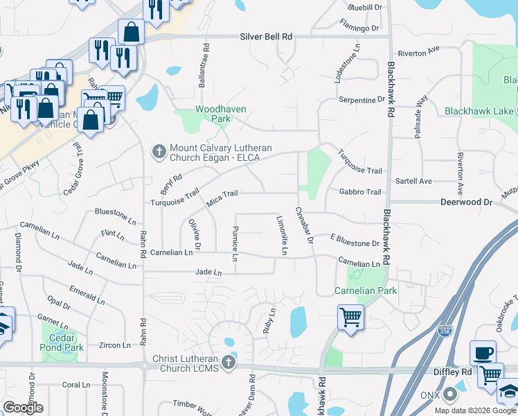 map of restaurants, bars, coffee shops, grocery stores, and more near 1852 Taconite Trail in Eagan