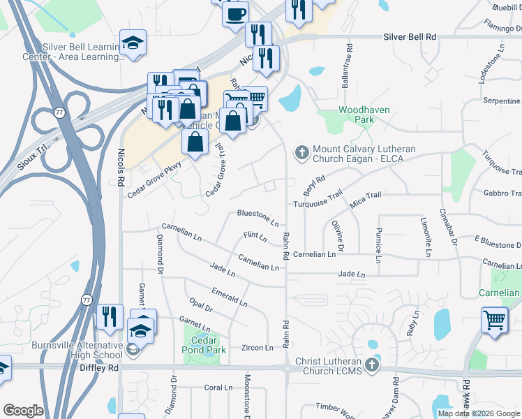 map of restaurants, bars, coffee shops, grocery stores, and more near 2042 Bluestone Lane in Eagan