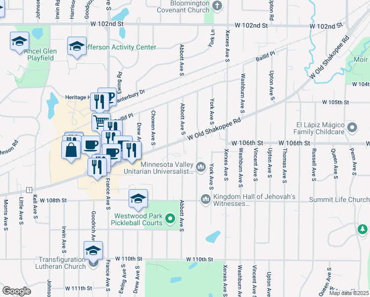 map of restaurants, bars, coffee shops, grocery stores, and more near 3323 West Old Shakopee Road in Minneapolis