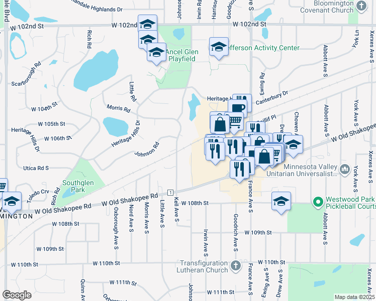 map of restaurants, bars, coffee shops, grocery stores, and more near 10632 Johnson Circle in Minneapolis