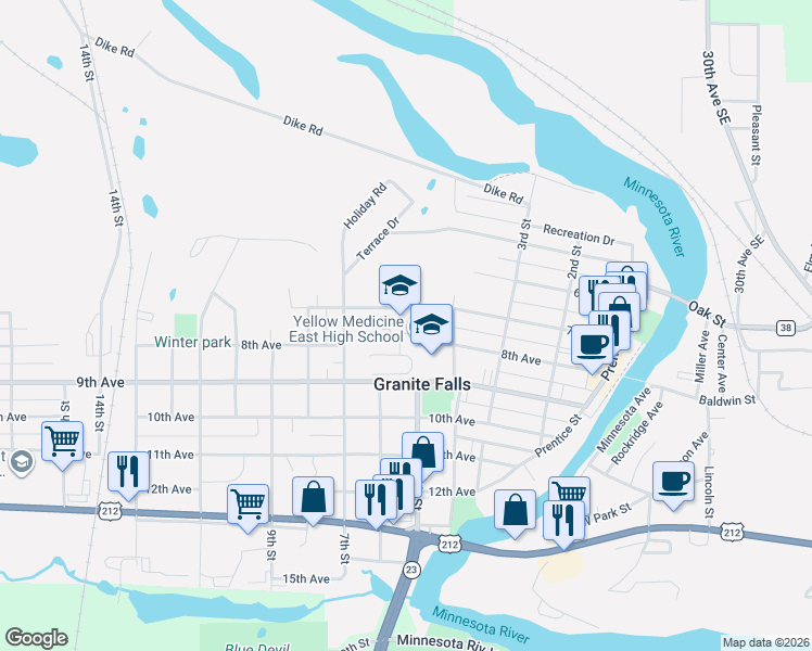 map of restaurants, bars, coffee shops, grocery stores, and more near 450 9th Avenue in Granite Falls