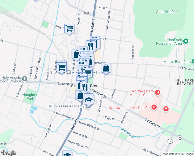map of restaurants, bars, coffee shops, grocery stores, and more near 11 Church Street in Saint Albans City