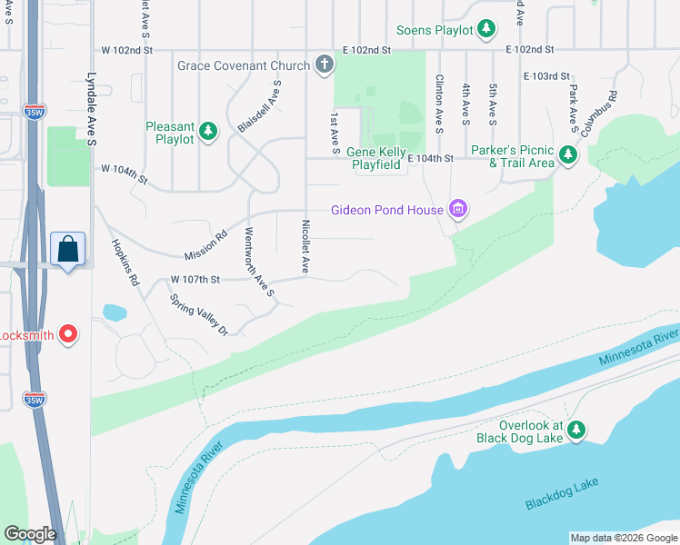 map of restaurants, bars, coffee shops, grocery stores, and more near 31 East 107th Street Circle in Minneapolis