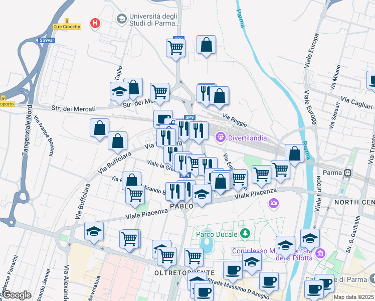 map of restaurants, bars, coffee shops, grocery stores, and more near 8-12 Via B e Latino Barilli Cecrope in Parma