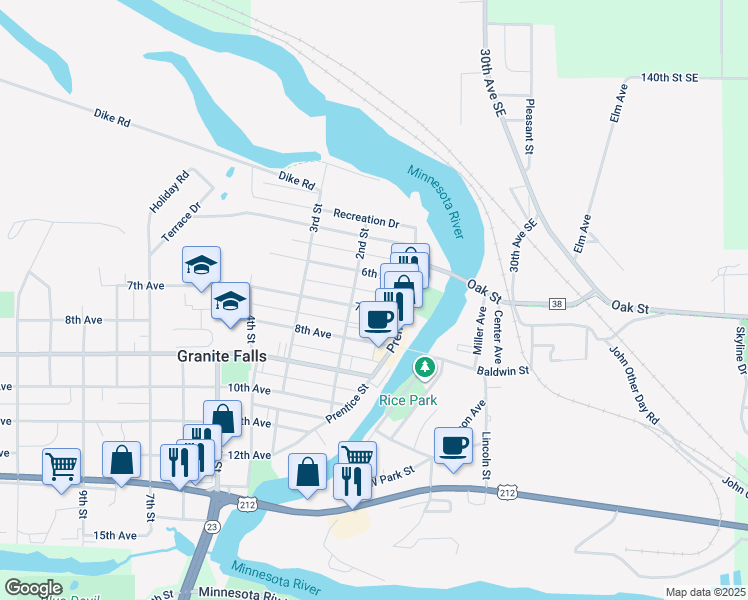 map of restaurants, bars, coffee shops, grocery stores, and more near 150 7th Avenue in Granite Falls