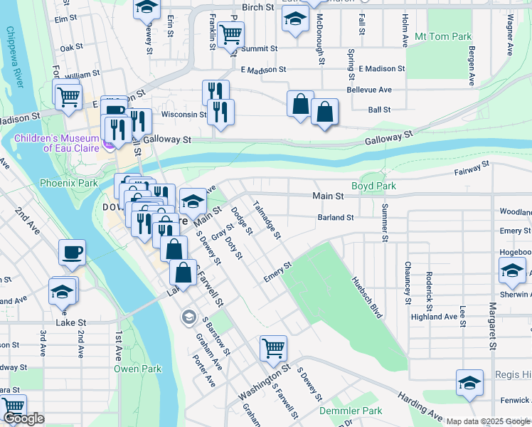 map of restaurants, bars, coffee shops, grocery stores, and more near 516 Talmadge Street in Eau Claire