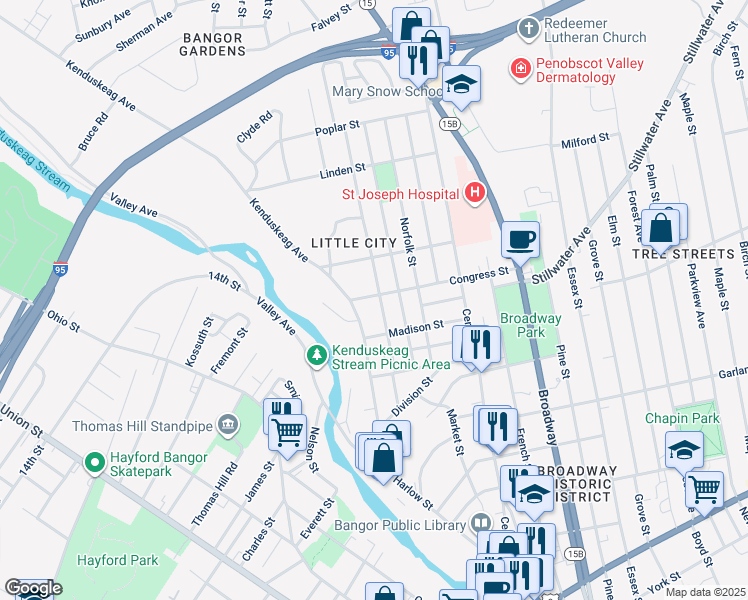 map of restaurants, bars, coffee shops, grocery stores, and more near 64 Fountain Street in Bangor