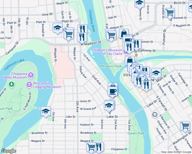 map of restaurants, bars, coffee shops, grocery stores, and more near 1025 2nd Avenue in Eau Claire