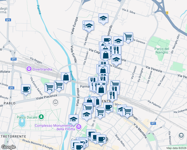 map of restaurants, bars, coffee shops, grocery stores, and more near 31 Viale Paolo Borsellino in Parma