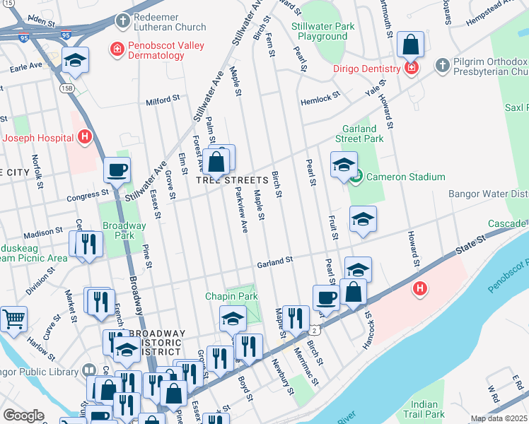 map of restaurants, bars, coffee shops, grocery stores, and more near 167 Maple Street in Bangor